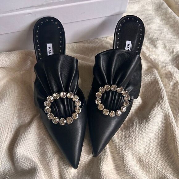 Manolo Blahnik Capitana Leather Buckle Mules Black 36 NEW - Picture 10 of 14